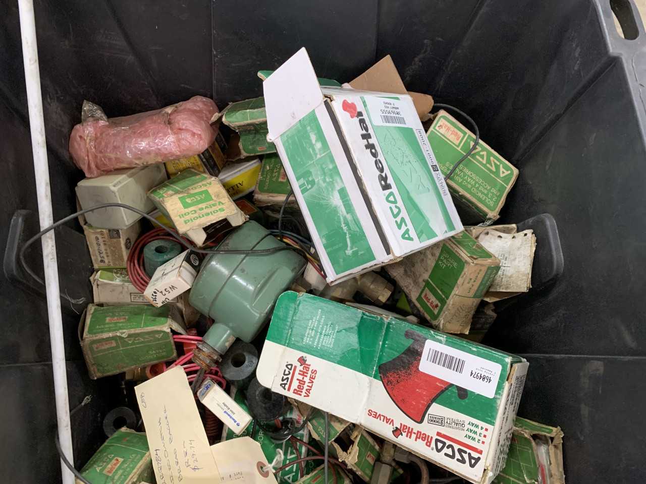 BIN OF NEW & USED ASCO SOLENOID VALVES AND PARTS COILS ETC. - VALVES