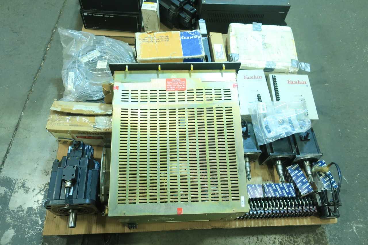 2 PALLETS OF ASSORTED ELECTRICAL SERVO MOTOR, MOTOR DRIVE, CABLE-WIRE CONTROLS, SERVO DRIVE, LIGHT CURTAIN, MICRO SWITCH, SIGNAL TOWER- YASKAWA, ABB, SIEMENS, SANYO DENKI, MINISAFE, MITSUBISHI - ELECTRICAL COMPONENTS