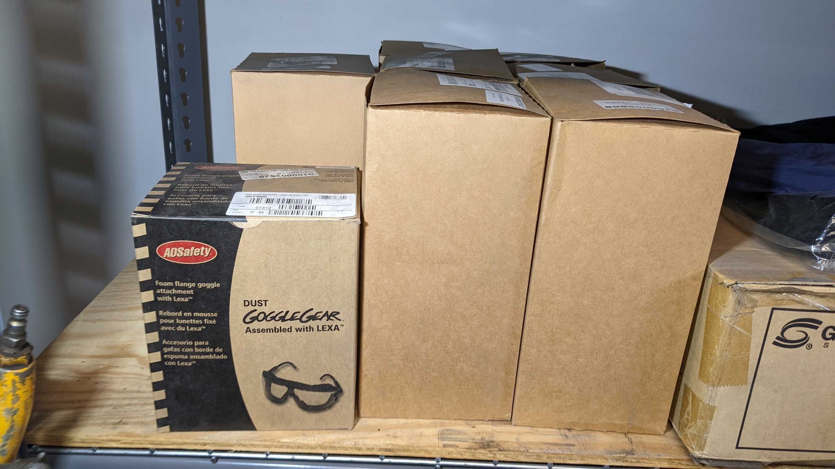 LOT OF 2 SECTIONS OF SHELVING CONTENTS CONTAINING PERSONAL PROTECTIVE EQUIPMENT, SMALL TOOLS - SAFETY EQUIPMENT LOT OF 2 SECTIONS OF SHELVING CONTENTS CONTAINING PERSONAL PROTECTIVE EQUIPMENT, SMALL TOOLS - SAFETY EQUIPMENT