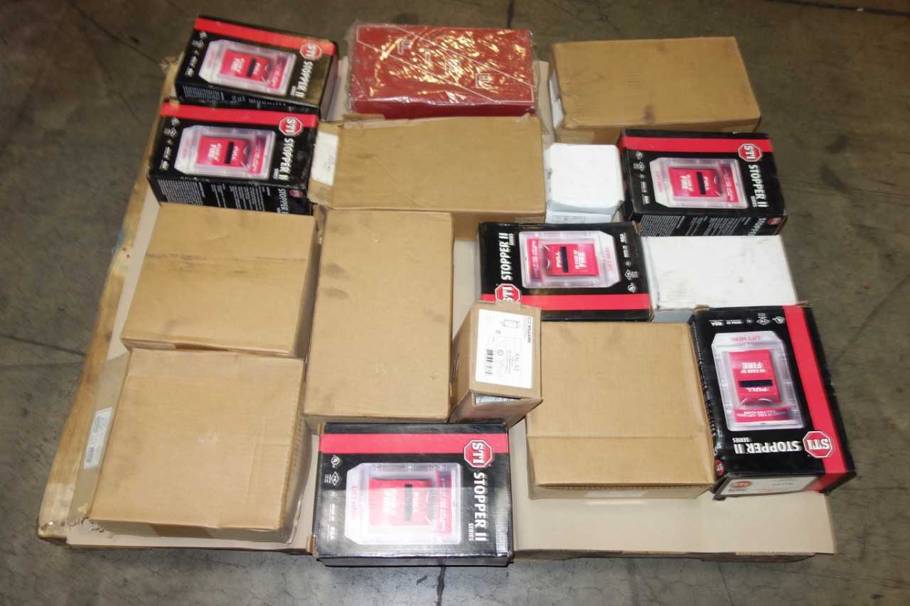 1 PALLLET OF ASSORTED FIRE ALARMS, SAFETY EQUIPMENT, STROBE LIGHTS, STI, EDWARDS, GENERAL ELECTRIC - SAFETY EQUIPMENT