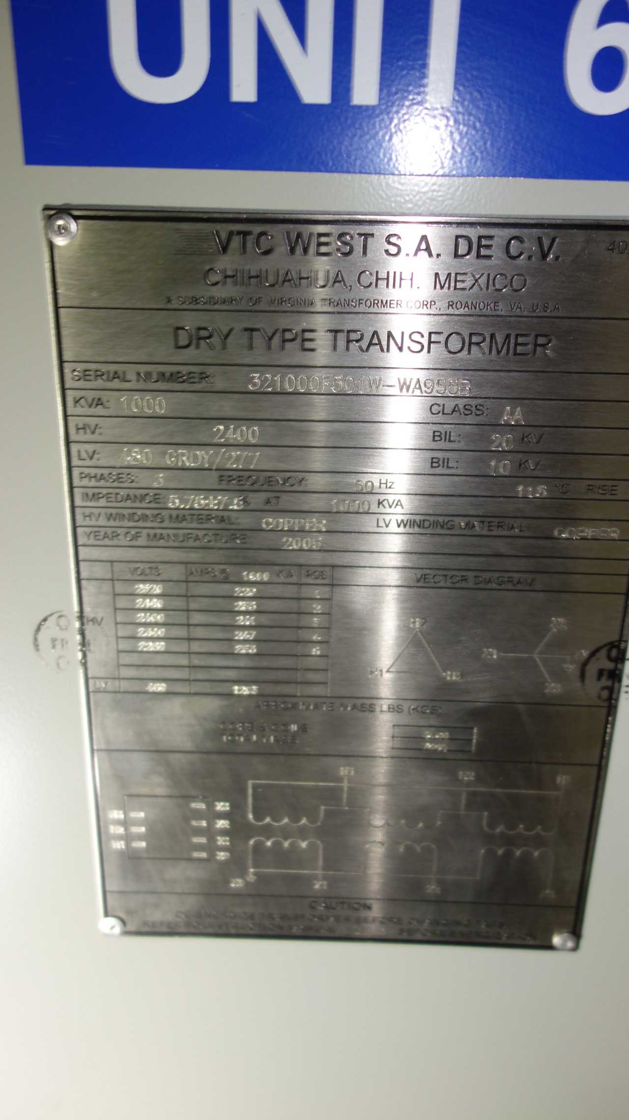 VTC WEST AA 1000KVA 2400V-AC 480V-AC TRANSFORMER - CONTROL TRANSFORMERS