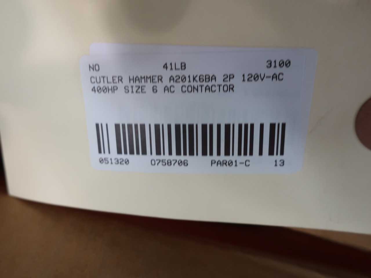 CUTLER HAMMER A201K6BA 2P 120V-AC 400HP SIZE 6 AC CONTACTOR - CONTACTORS