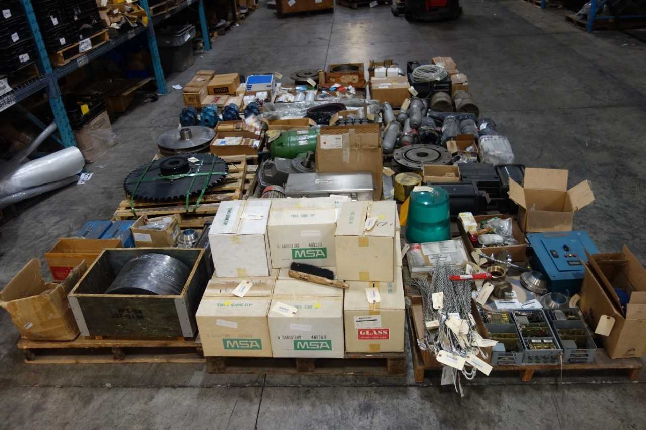 12 PALLETS OF ASSORTED PROCESS EQUIPMENT SPARES MRO, MODULES, RECEPTACLES, SWITCHES, PUMPS, IMPELLERS, REDUCERS, MOTORS, CYLINDERS, VALVES - ELECTRICAL COMPONENTS