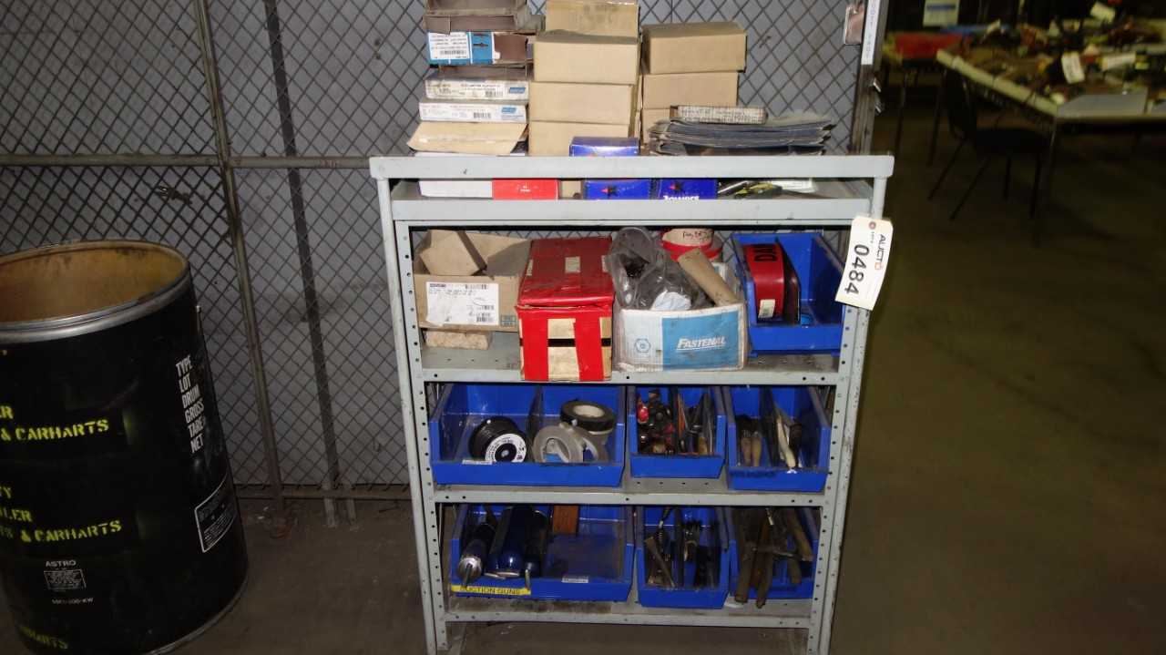 ASSORTED RACKING W/ ABRASIVES SHEETS, THREADED BOLTS, BRUSHES, TOOLS - TOOL STORAGE