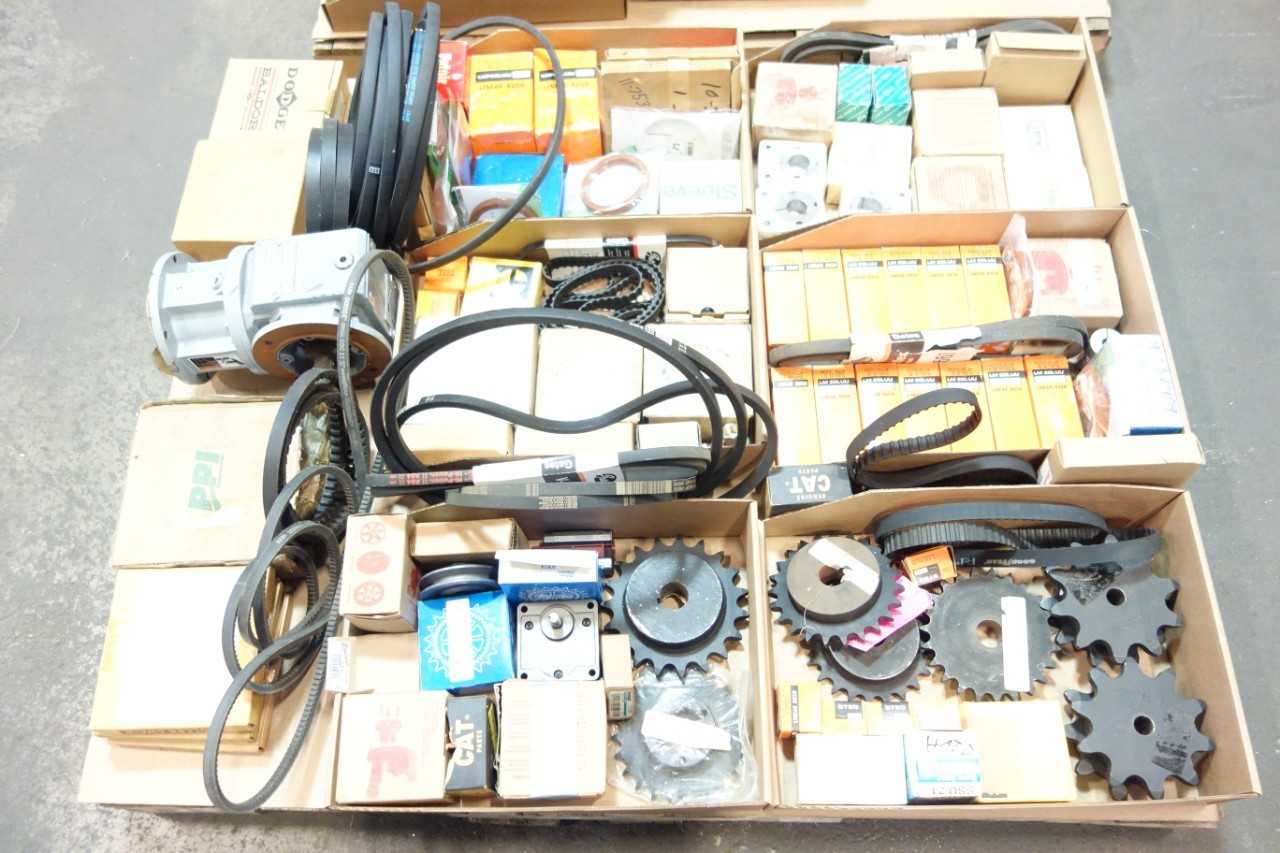 2 PALLETS OF ASSORTED BELTS, BUSHES, SPROCKETS, BEARINGS- SKF, DODGE, CAT - BEARINGS