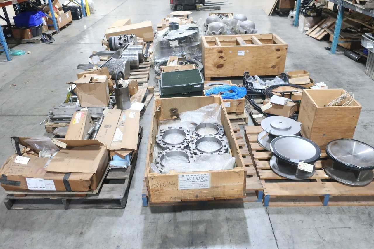 16 PALLETS OF ASSORTED INDUSTRIAL PROCESS EQUIPMENT, WIRE, SHAFTS, IMPELLERS, COVERS, TRANSFORMERS, PRESSURE SCREEN BASKETS, RUBBER CONVEYOR ROLLS, PIPE HUBS - CONVEYORS