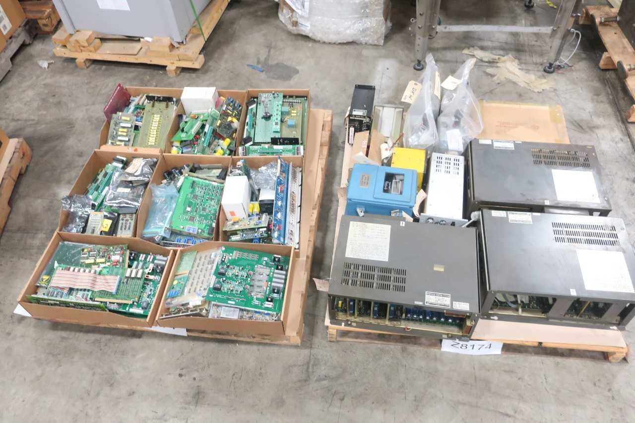 2 PALLETS OF ASSORTED ELECTRICAL CIRCUIT BOARDS, AMP CONTROLLER, CONTROL BOX, MODULE- ROBERTSHOW CONTROLS AND COMPANY, MITSUBISHI, NAVITAS, VALCOR, PANALARM - AUTOMATION & CONTROLS