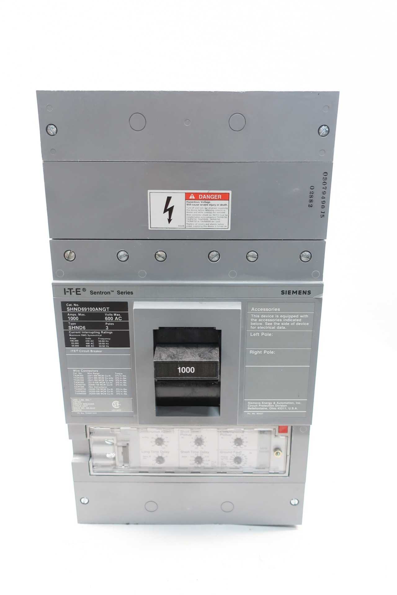 SIEMENS SHND69100ANGT MOLDED CASE CIRCUIT BREAKER 3P 1000A AMP 600V-AC - CIRCUIT BREAKERS