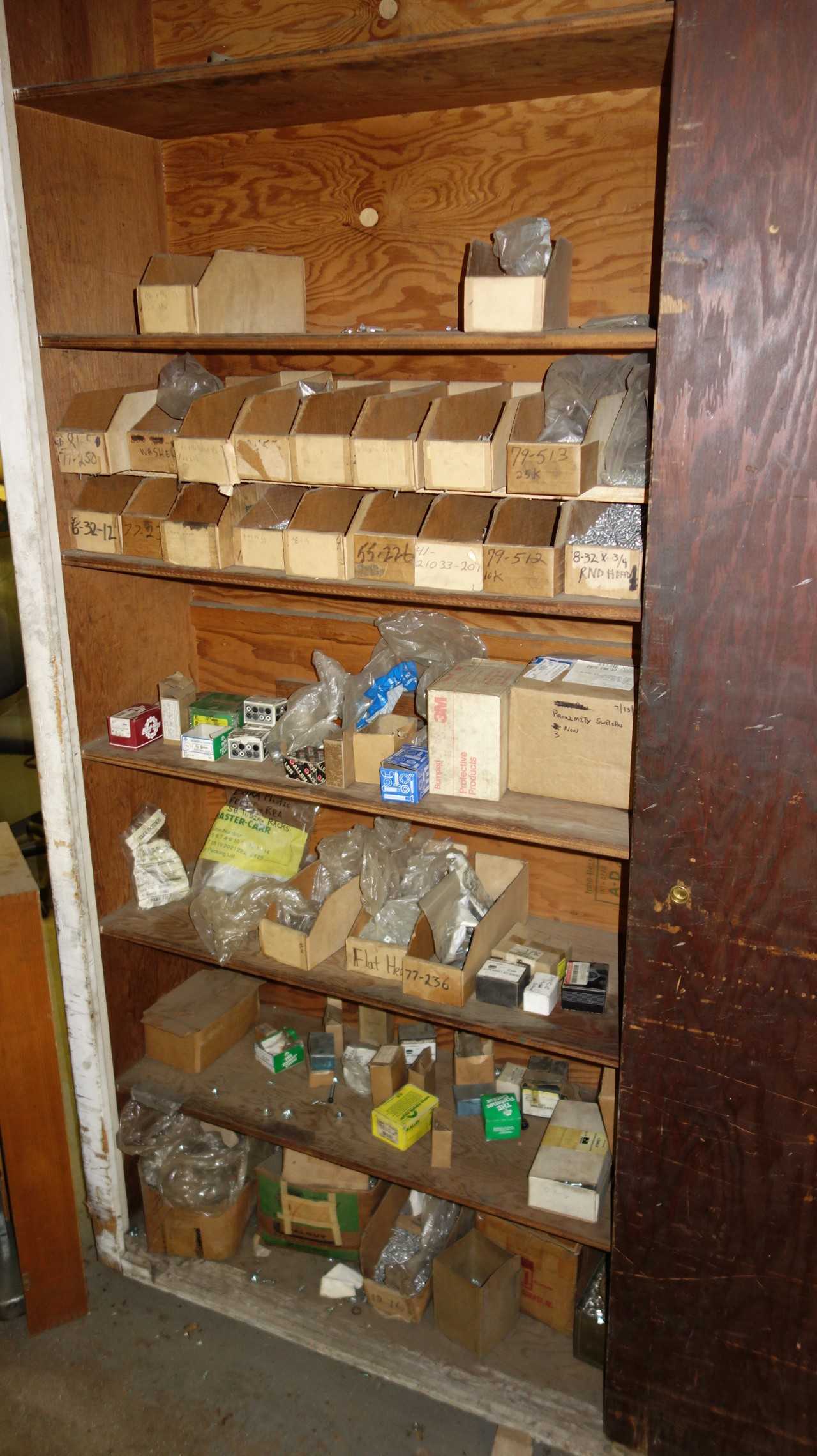 CONTENTS OF SHELVING, STRIPPIT FC1000 SPARE PARTS, SERVO DRIVES, PROXIMITY SWITCHES, CLUTCH BRAKE PARTS, MILLS, BOLTS, FASTENERS, ELECTRO-CRAFT, BALLUFF
