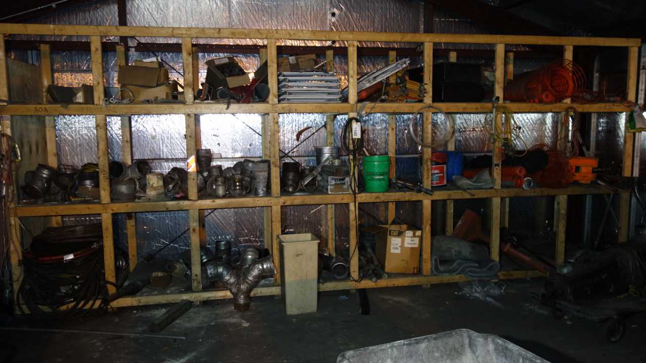 CONTENTS OF WOOD SHELVING - FITTINGS, SAFETY SUPPLIES - SHELVING