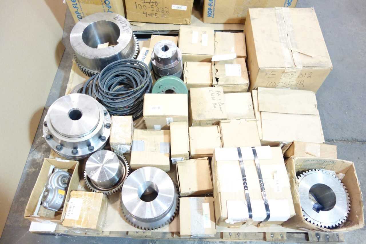 2 PALLETS OF ASSORTED HUBS, COUPLINGS, V-BELTS- FALK, LOVEJOY, KOP-FLEX - GEAR REDUCERS