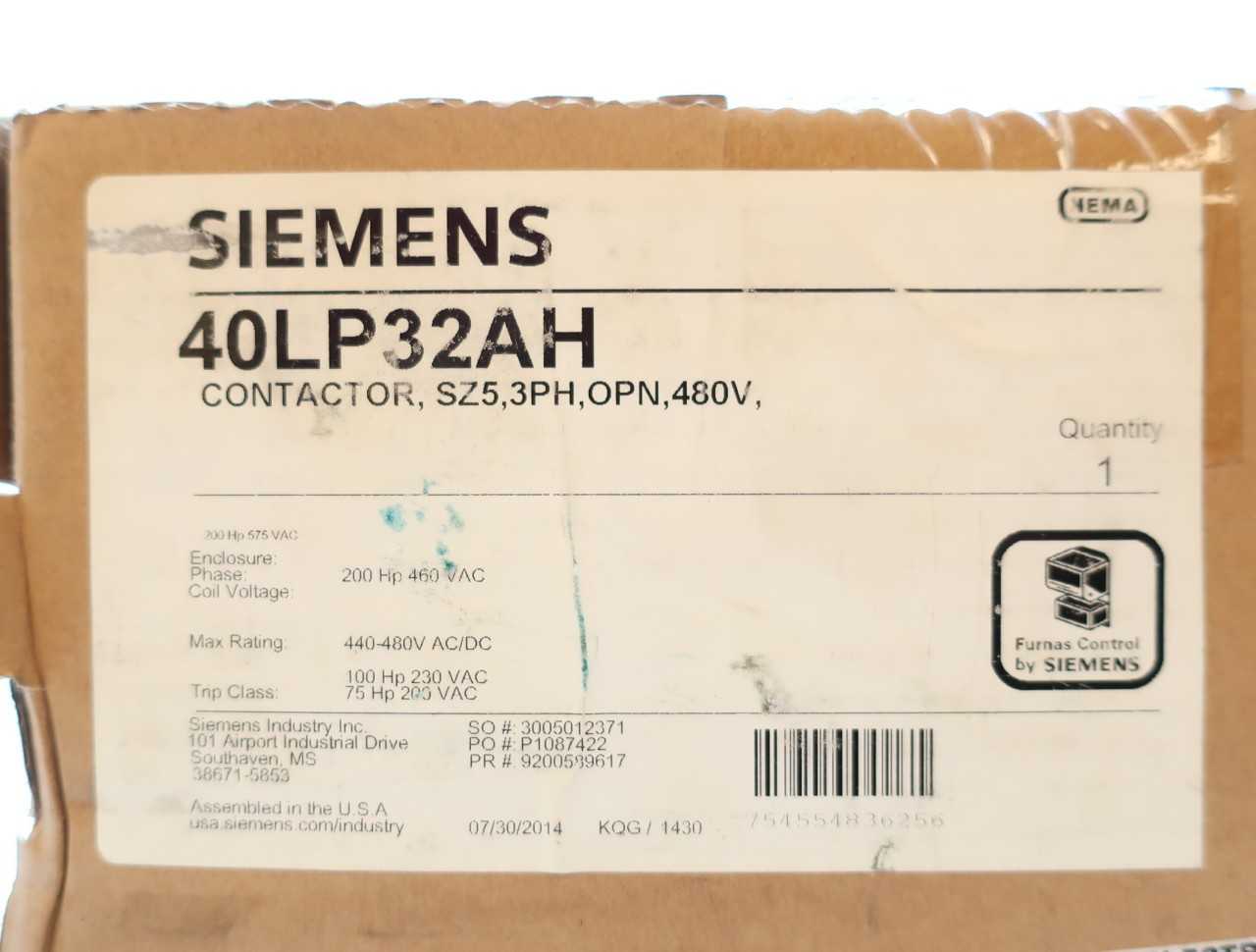 SIEMENS 40LP32AH SIZE 5 AC CONTACTOR 480V-AC 200HP - CONTACTORS