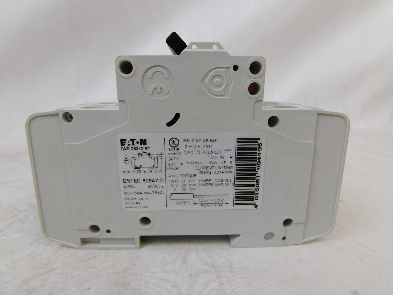 (20) Eaton FAZ-C63/2-RT Plug In FAZ 2P 63A 277/480Y 50/60Hz - CIRCUIT BREAKERS