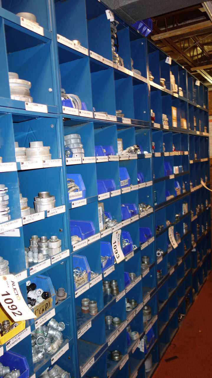 CONTENTS OF 4X STACKED PIGEON HOLE CABINET, ASSORTED ELECTRICAL CABLE CONNECTORS - ELECTRICAL COMPONENTS