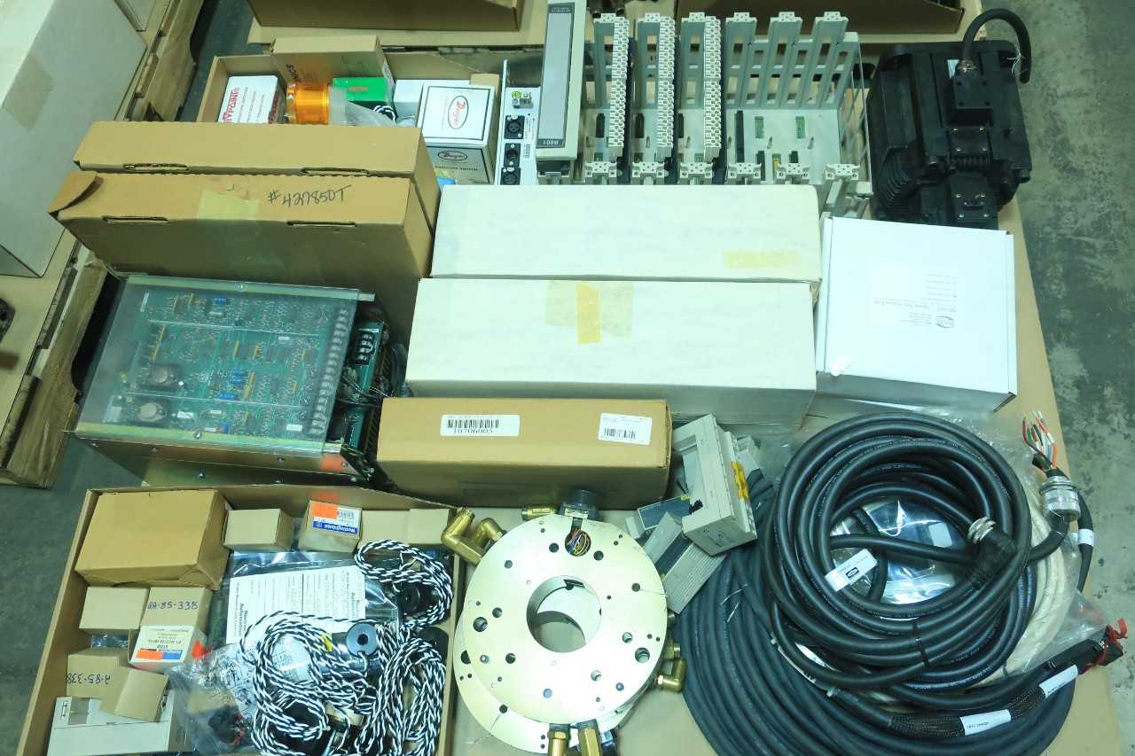 3 PALLETS OF ASSORTED ELECTRICAL SERVO MOTORS, CABLE-WIRE CONTROLS, MODULES, CIRCUIT BOARDS, CHASSIS RACK, REPLACEMENT PARTS ROBOT, MOTOR DRIVE- GE FANUC, BAILEY, FOXBORO, ABB, NITTA, YASKAWA, OVATION - AUTOMATION & CONTROLS