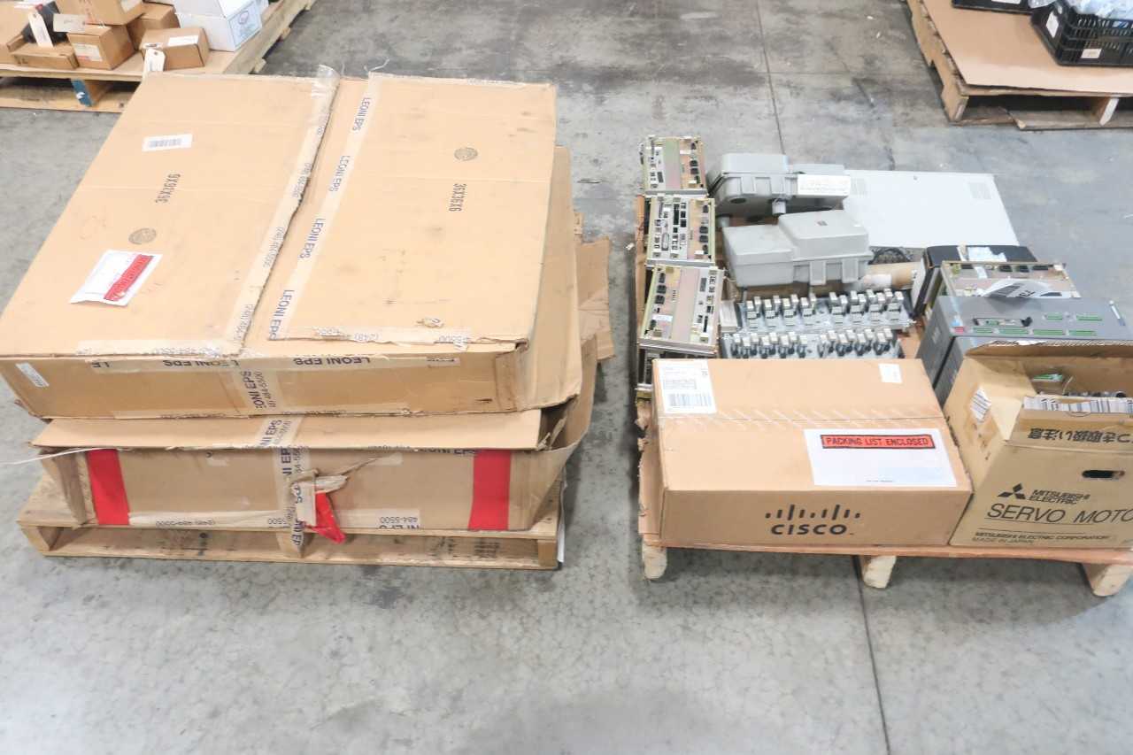 2 PALLETS OF ASSORTED ELECTRICAL COMM MODULE, PCB, AC CONTROLLER CONTROLS, SERVO MOTOR, SERVO CONTROLLERS, ENCODER CONTROLS, ALARM SENSOR, CABLE-WIRE CONTROLS- CISCO, WESTINGHOUSE, YASKAWA, MITSUBISHI, PACIFIC SCIENTIFIC, PANASONIC, SIMPLEX, LEONI - AUTOMATION & CONTROLS