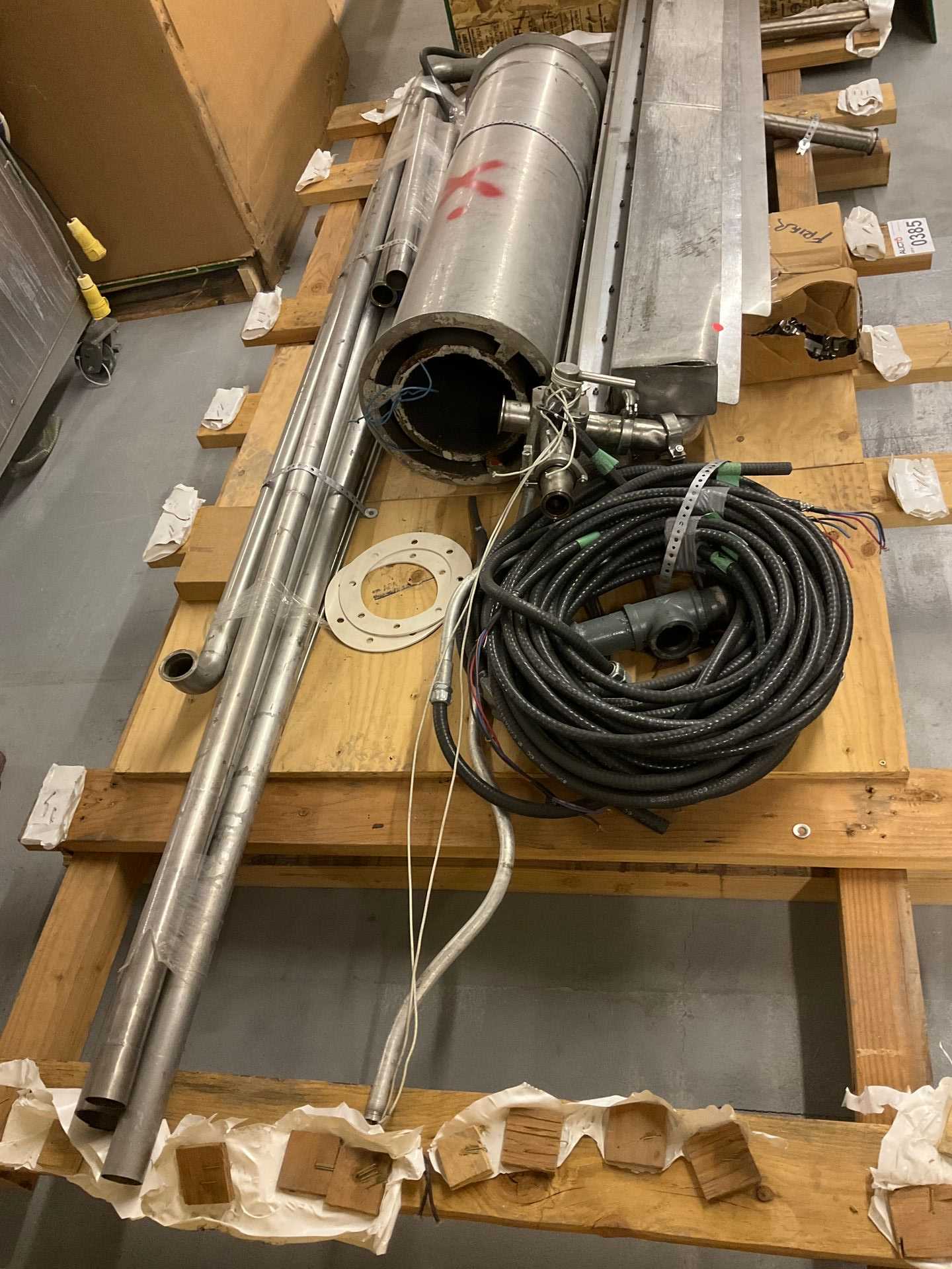 Pallet of Assorted Pipes, Electrical Cord and Sanitary Tri-clamps