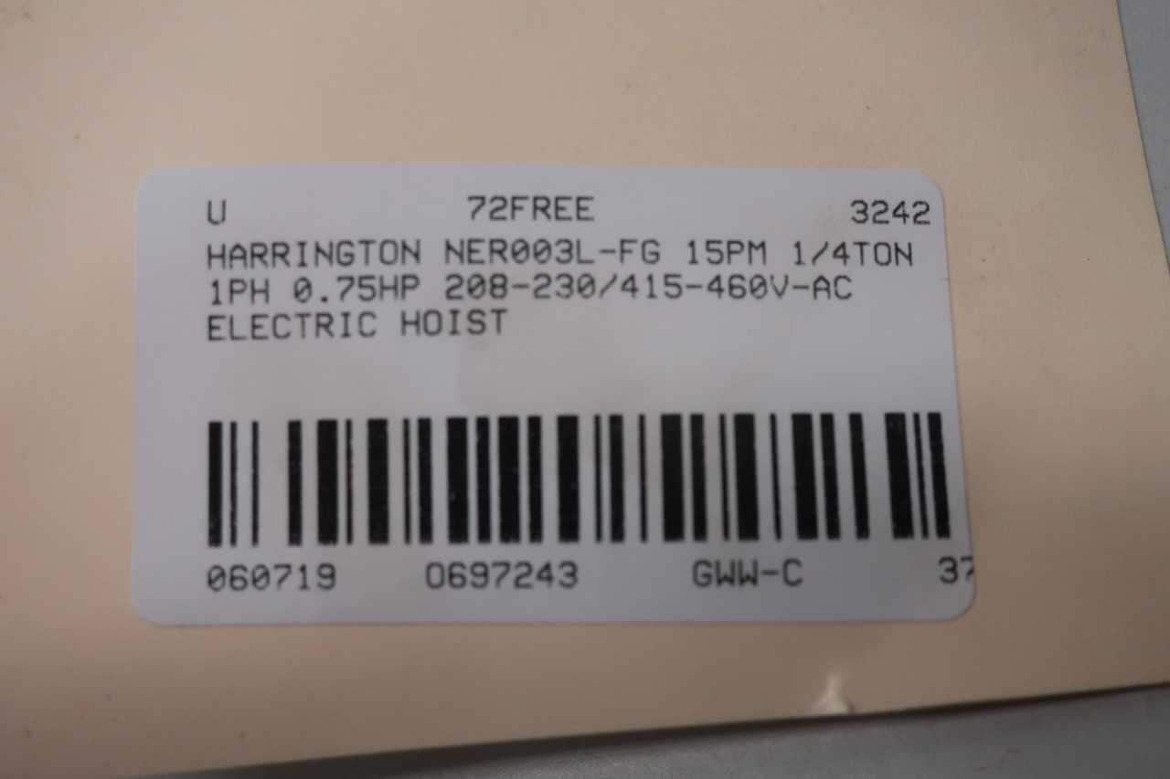 HARRINGTON NER003L-FG 15FT/MIN 1/4TON 1PH 3/4HP 208-230/415-460V-AC ELECTRIC HOIST - LIFTING EQUIPMENT