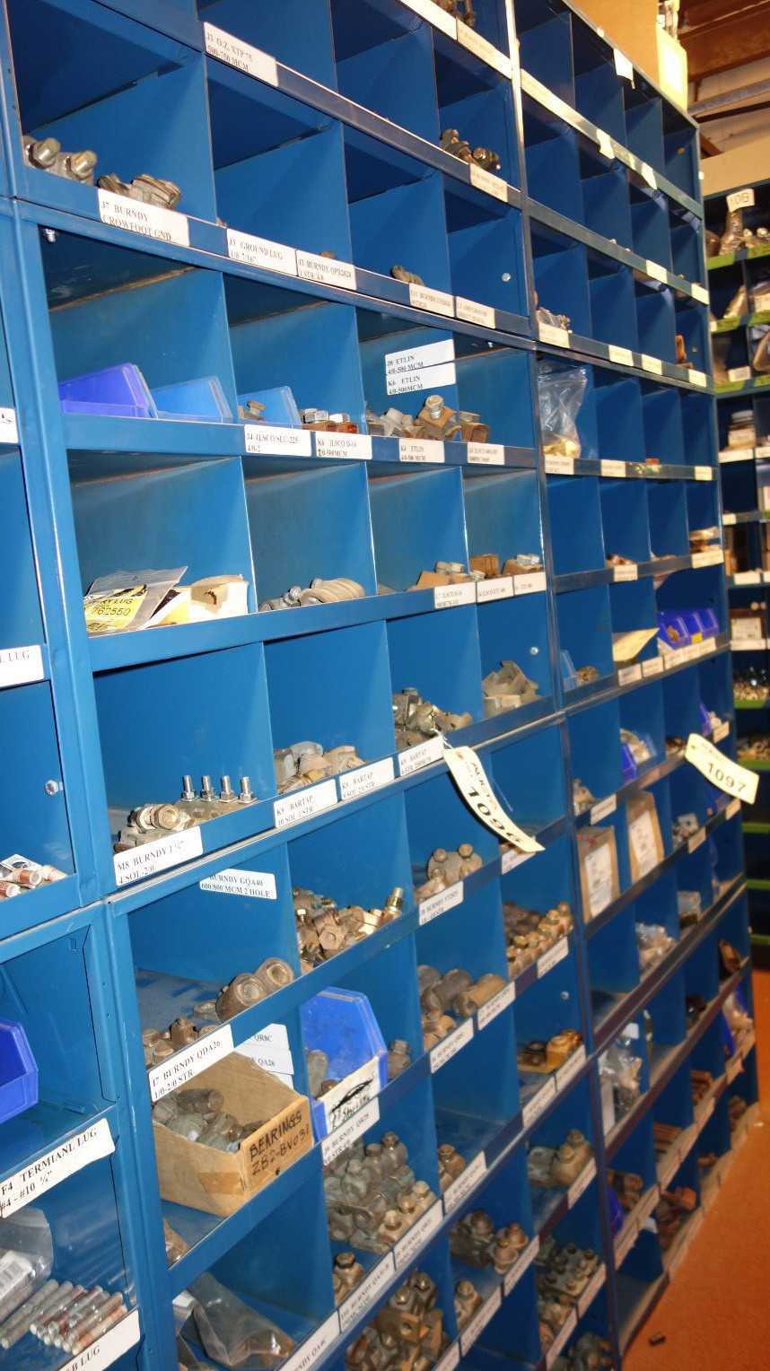 CONTENTS OF 4X STACKED PIGEON HOLE CABINET, ASSORTED TERMINAL LUGS, GROUND CLAMPS, BUS BAR CLAMPS, CONNECTORS, BURNDY - ELECTRICAL COMPONENTS