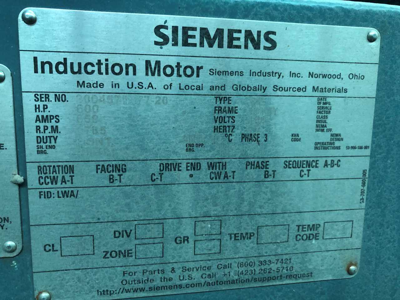 Unused Siemens AC Induction Electric Motor 600HP 1800RPM - ELECTRIC MOTORS