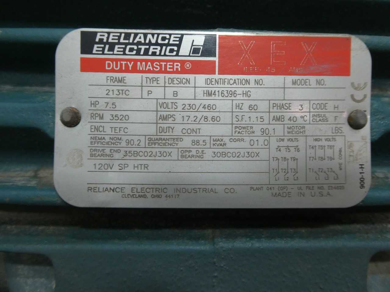 RELIANCE HM416396-HG DUTY MASTER XEX 213TC 3PH 7.5HP 3520RPM 230/460V-AC AC MOTOR - ELECTRIC MOTORS