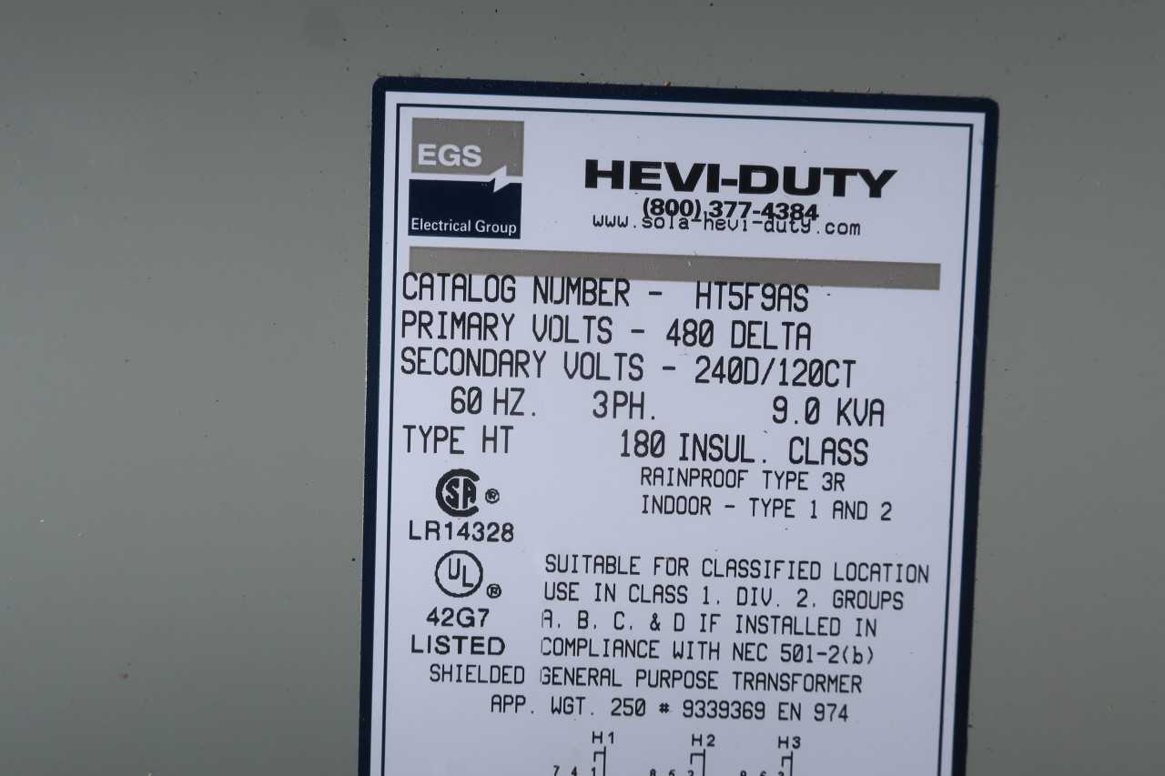 LOT OF 2 EGS TRANSFORMERS HT5F9AS 480V 9KVA 3PH - CONTROL TRANSFORMERS