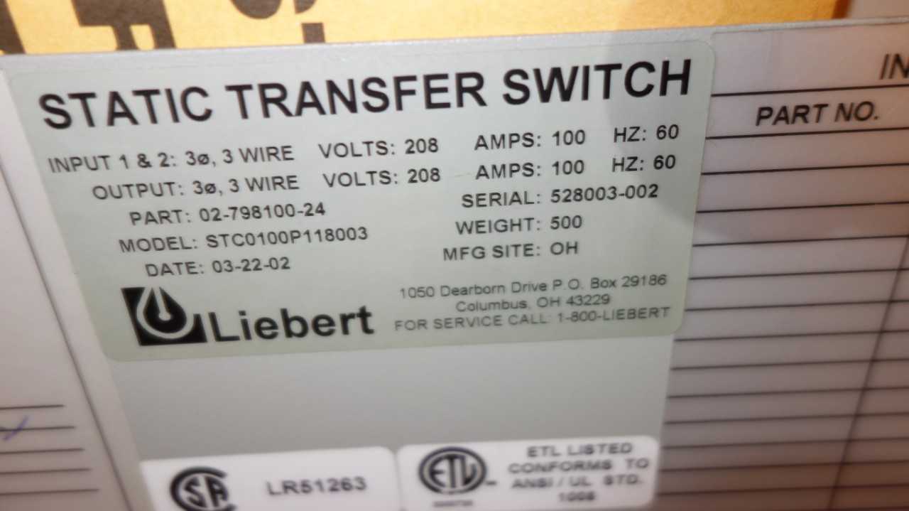 LIEBERT NPOWER 50KVA 480V-AC UNINTERRUPTIBLE POWER SYSTEM W/ STC0100P118003 100A 208V-AC STATIC TRANSFER SWITCH (DELAYED REMOVAL) - ELECTRICAL COMPONENTS