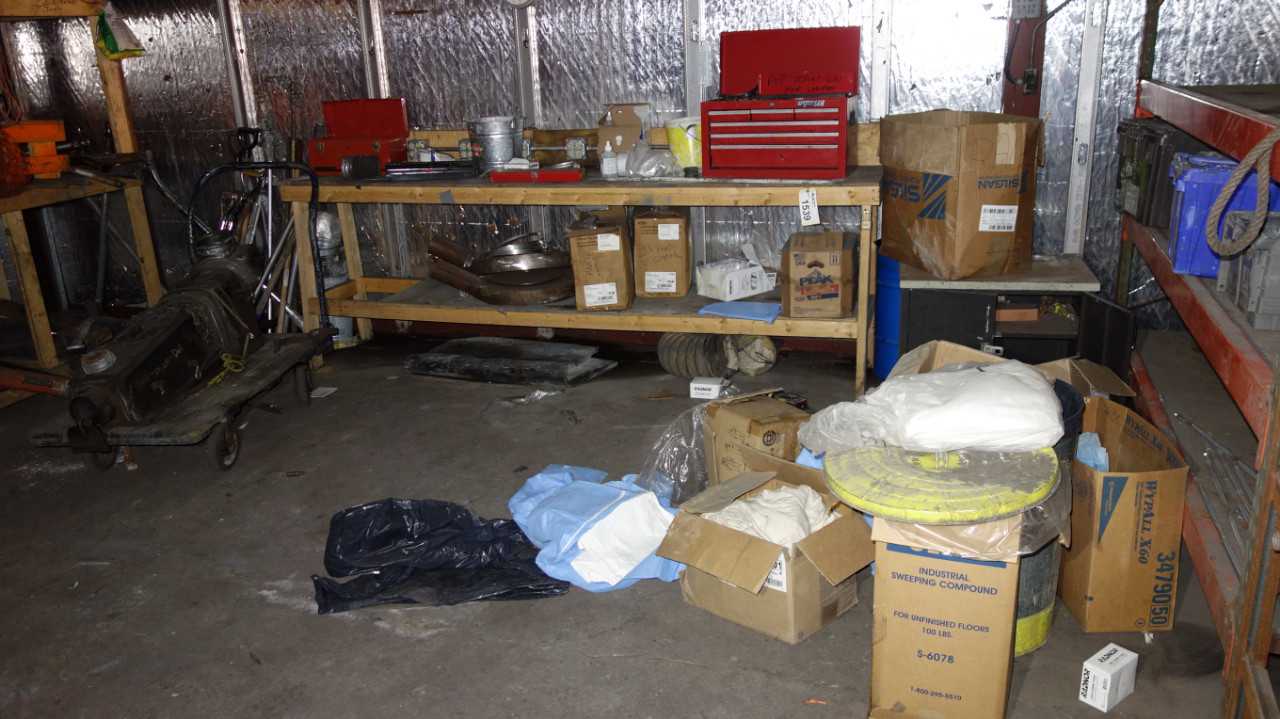 WOOD TABLE WITH CONTENTS, SHOVELS, CART, PPE - ROLLING CARTS