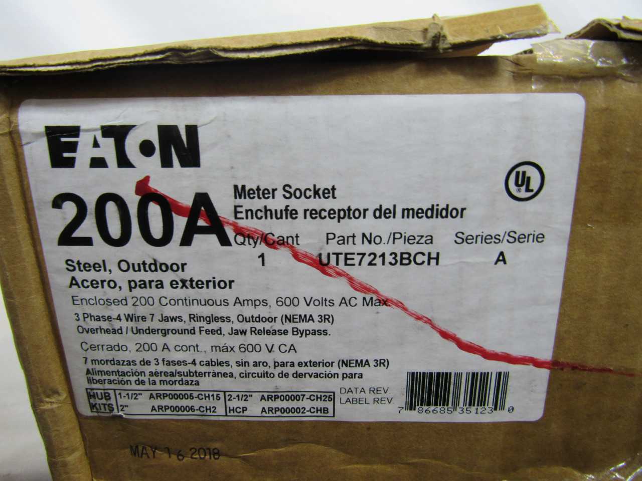 Quantity of 2 New Surplus Eaton UTE7213BCH Meter Socket Ringless 200A 600V 3Ph 7Jaws NEMA 3R - INDUSTRIAL PARTS Quantity of 2 New Surplus Eaton UTE7213BCH Meter Socket Ringless 200A 600V 3Ph 7Jaws NEMA 3R - INDUSTRIAL PARTS
