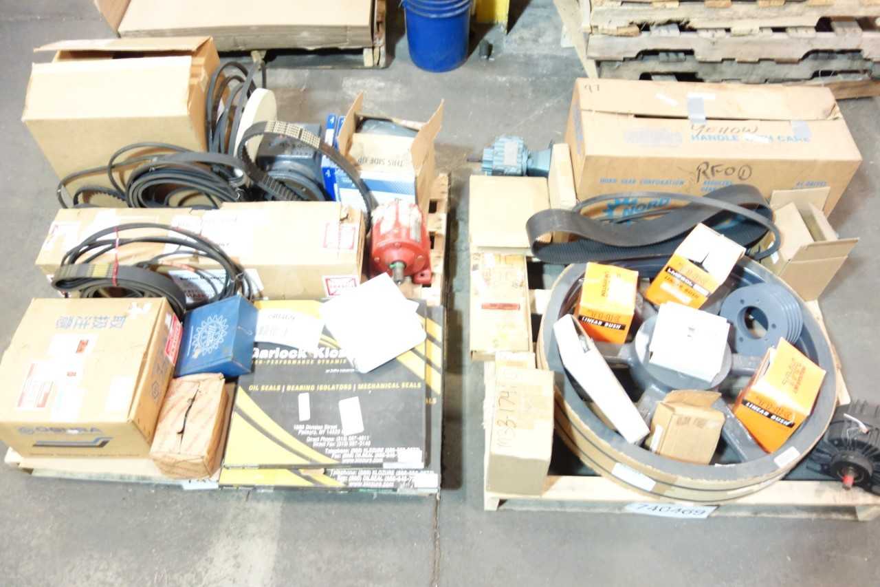 2 PALLETS OF ASSORTED BELTS, BEARINGS, GEAR REDUCER, CLUTCH-BRAKE- THK, BROWNING, EMERSON, MARTIN - GEAR REDUCERS 2 PALLETS OF ASSORTED BELTS, BEARINGS, GEAR REDUCER, CLUTCH-BRAKE- THK, BROWNING, EMERSON, MARTIN - GEAR REDUCERS