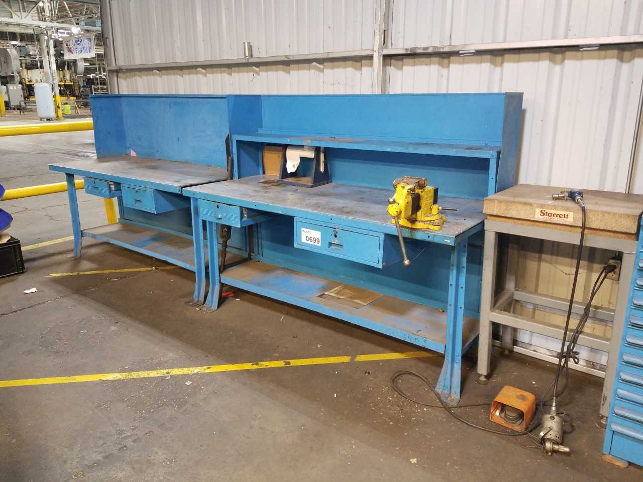 2 BLUE STEEL TOOL ROOM TABLES WITH BENCH VISE - MISCELLANEOUS 2 BLUE STEEL TOOL ROOM TABLES WITH BENCH VISE - MISCELLANEOUS