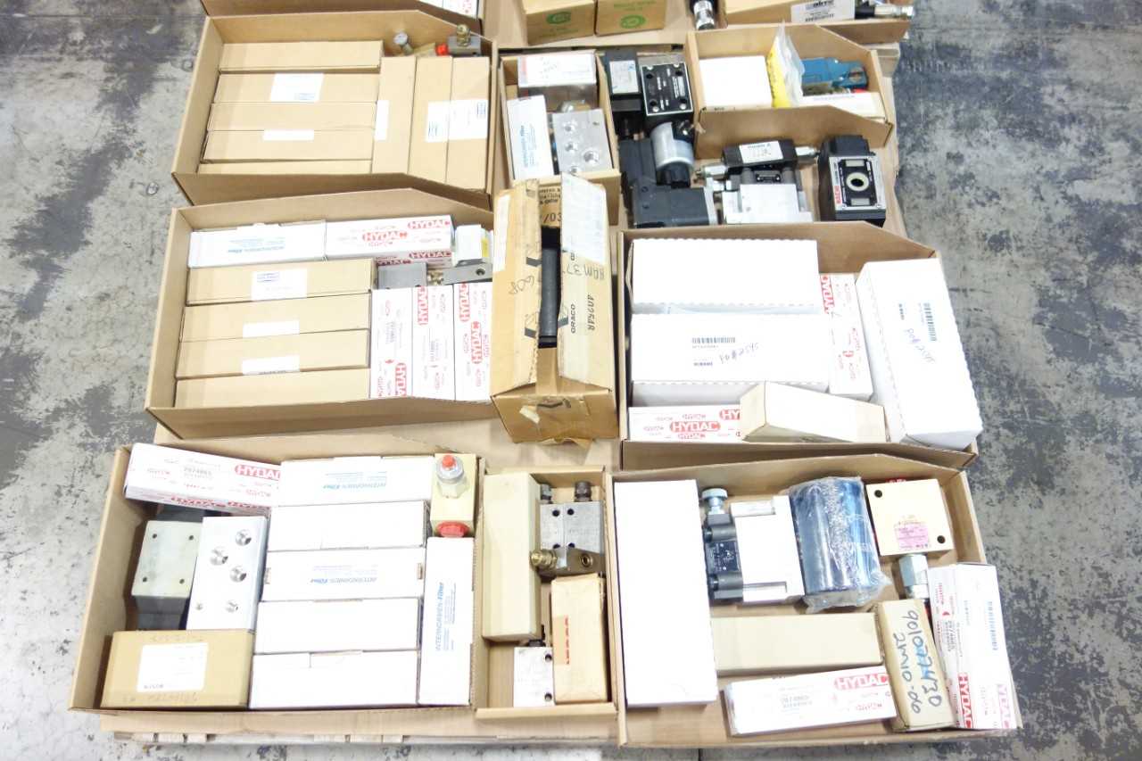 2 PALLETS OF ASSORTED HYDRAULIC VALVES, FILTERS, HOSES- NACHI, PARKER, REXROTH - INDUSTRIAL PARTS