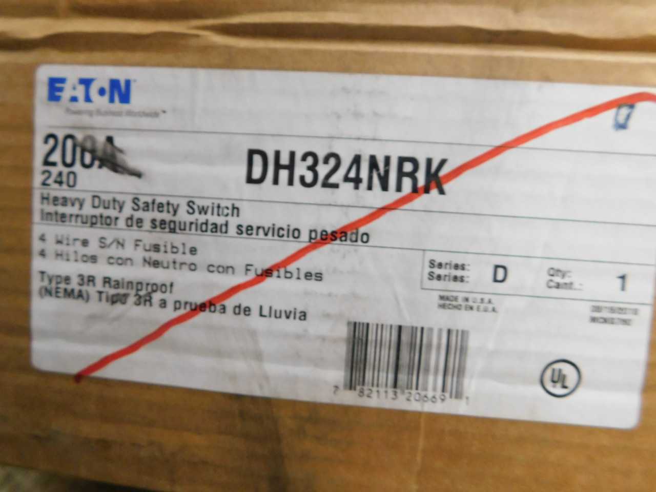 Quantity of 1 New Surplus Eaton DH324NRK Safety Switch 3P 200A 240V Fusible w/ Neutral NEMA 3R - DISCONNECT SWITCHES
