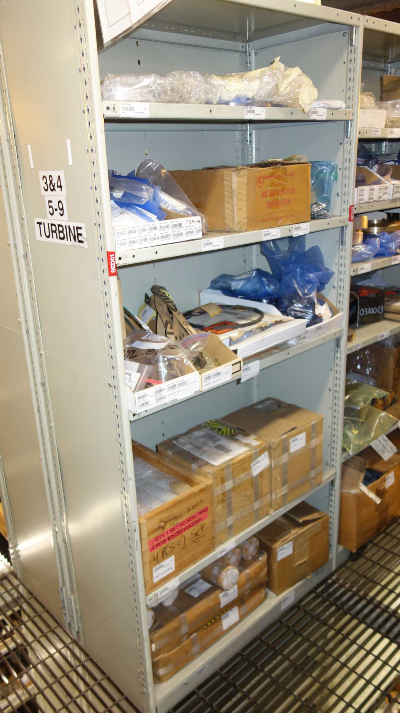 CONTENTS OF 4 SHELF COLUMNS, TURBINE PARTS - SHELVING