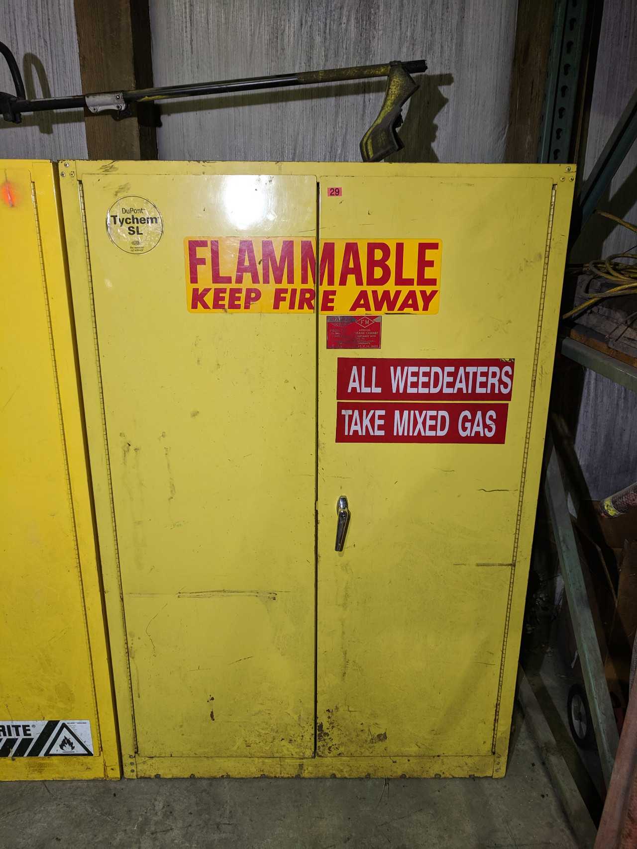 LOT OF 2 JUSTRITE AND DUPONT FLAMMABLES STORAGE CABINETS WITH WEED WACKER - TOOL STORAGE