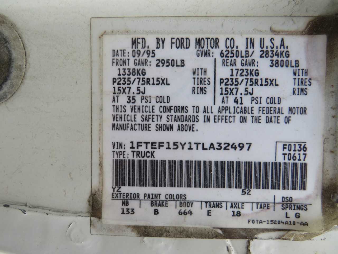 1996 FORD F-150 2 DOOR 6 CYL VIN: 1FTEF15Y1TLA32497 - BUSES