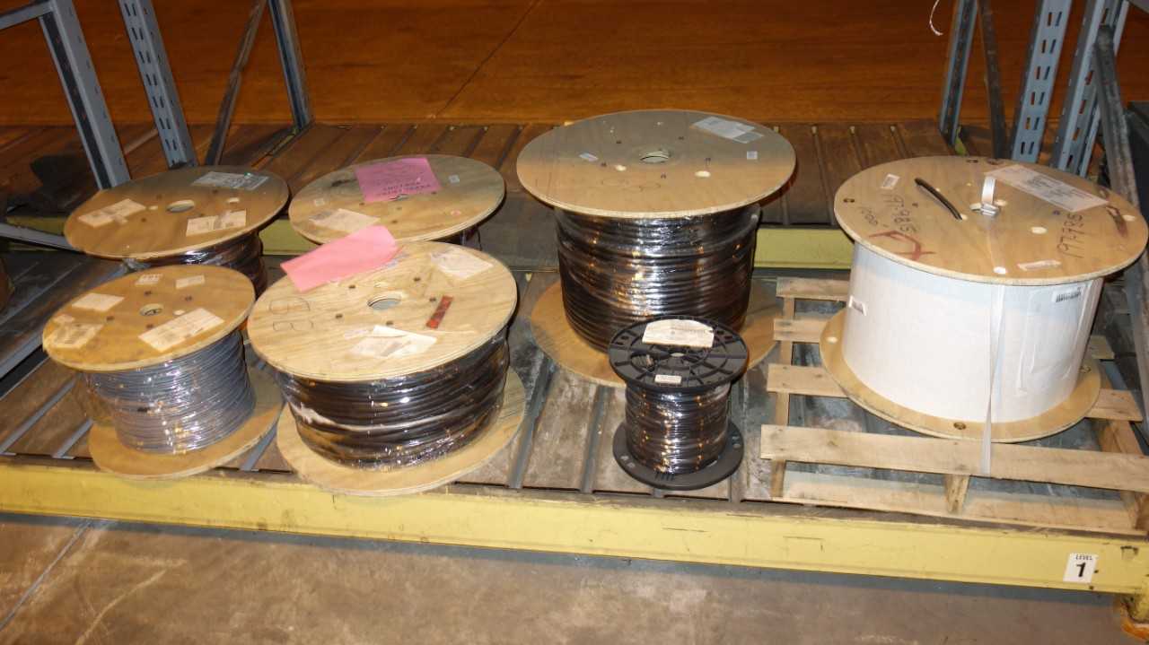 CONTENTS OF RACK COLUMN, ASSORTED SPOOLS OF WIRE - ELECTRICAL COMPONENTS