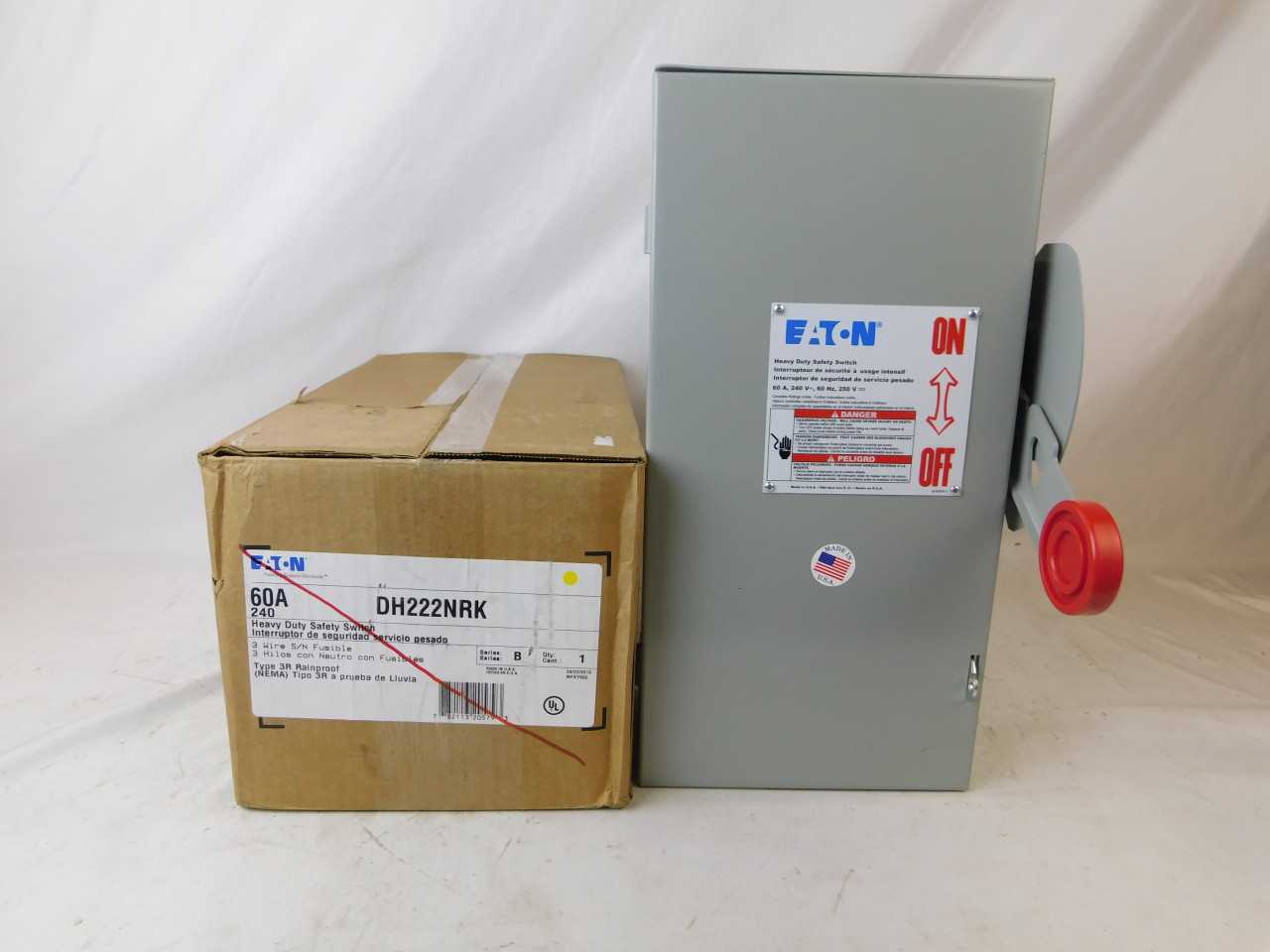 Quantity of 1 New Surplus Eaton DH222NRK Safety Switch 2P 60A 240V 3Ph Fusible NEMA 3R - ELECTRICAL COMPONENTS