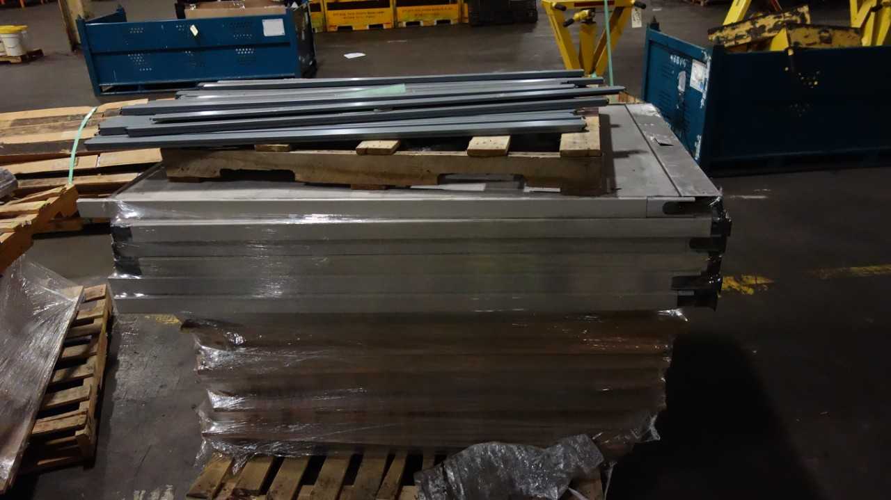 3 PALLETS OF ASSORTED OFFICE FURNITURE SUPPLIES, CUBICLE WALLS, STEEL RACK SECTIONS, WOODEN TABLE BOARDS - PLANT & FACILITY