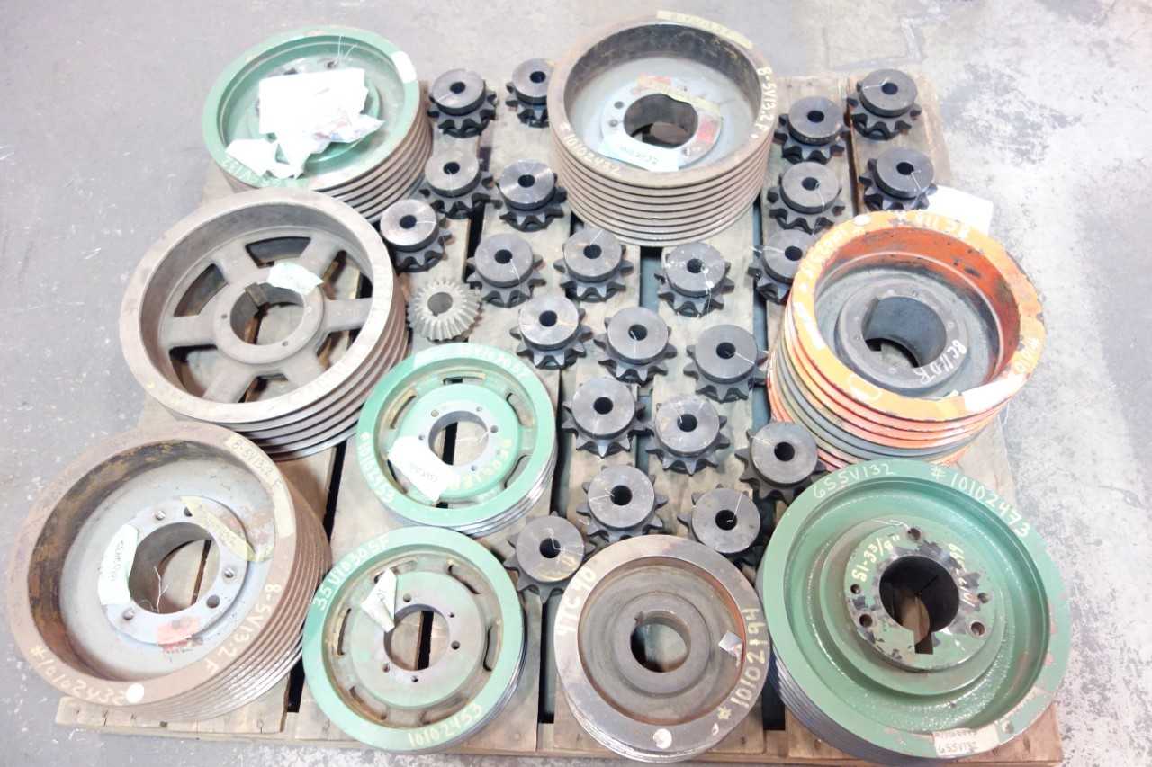 1 PALLET OF ASSORTED SINGLE ROLLER CHAIN SPROCKETS, V- BELT SHEAVES, MITER GEAR- BROWNING, MAUREY - ROLLER CHAIN