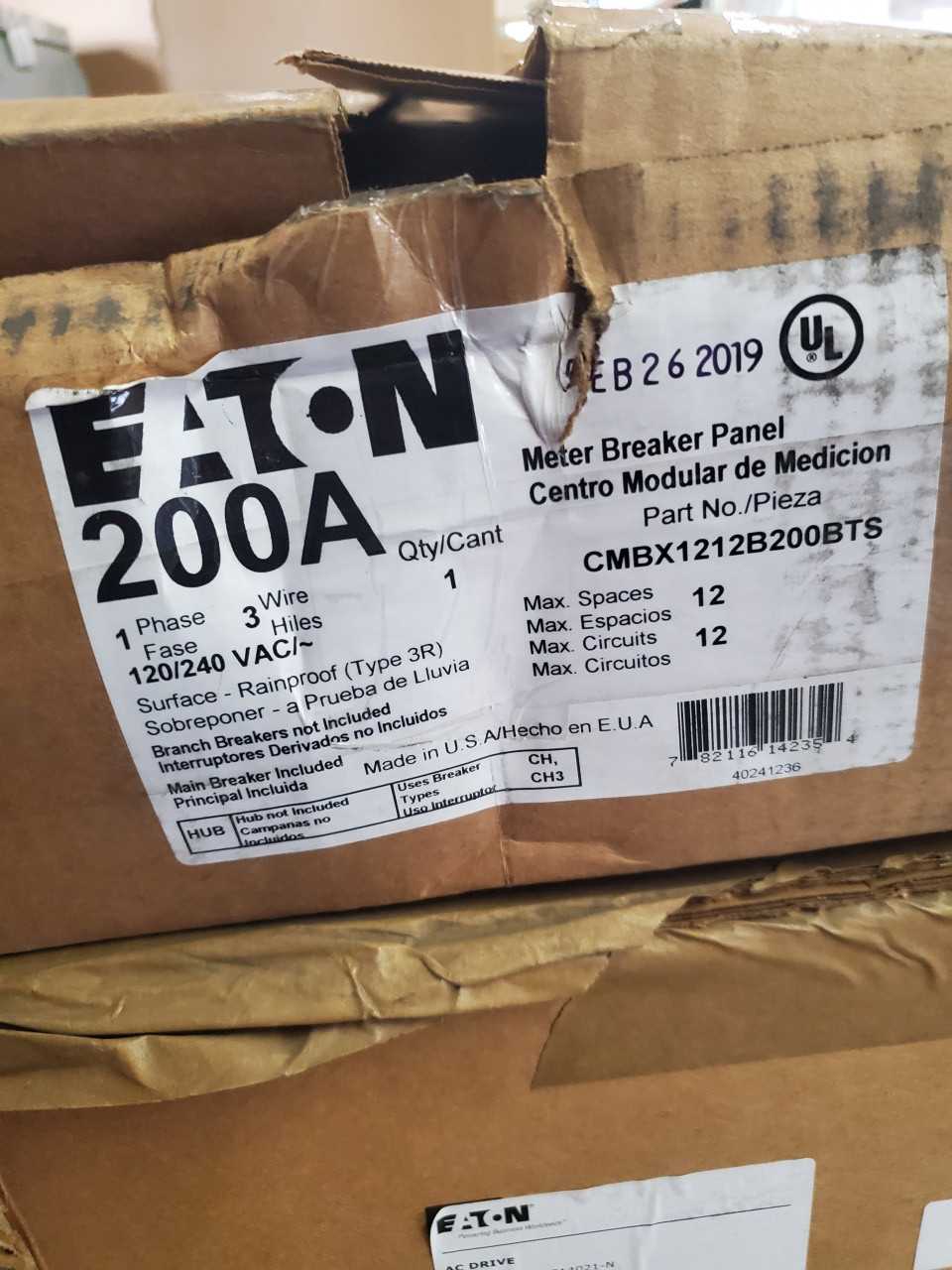 (1) Eaton CMBX1212B200BTS Meter Breaker Panel Type CH 200A 120/240VAC 1Ph - ELECTRICAL COMPONENTS