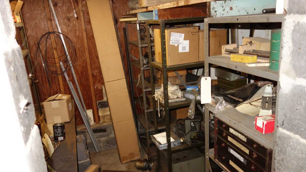 CONTENTS OF ROOM, ASSORTED METALWORKING TOOLS, ELECTRIC CONTROLS, BEARINGS, PUNCHES, DIES, VICES, MEASUREMENT TOOLS,  BREAKERS, MOTORS, TEST EQUIMENT, GE, STARRETT, WOODWORTH, DAYTON (LOT 38, SHELVING AND COPPER PLATES AND STRIPS FROM PICTURE 2 ARE NOT IN - ELECTRIC POWER TOOLS