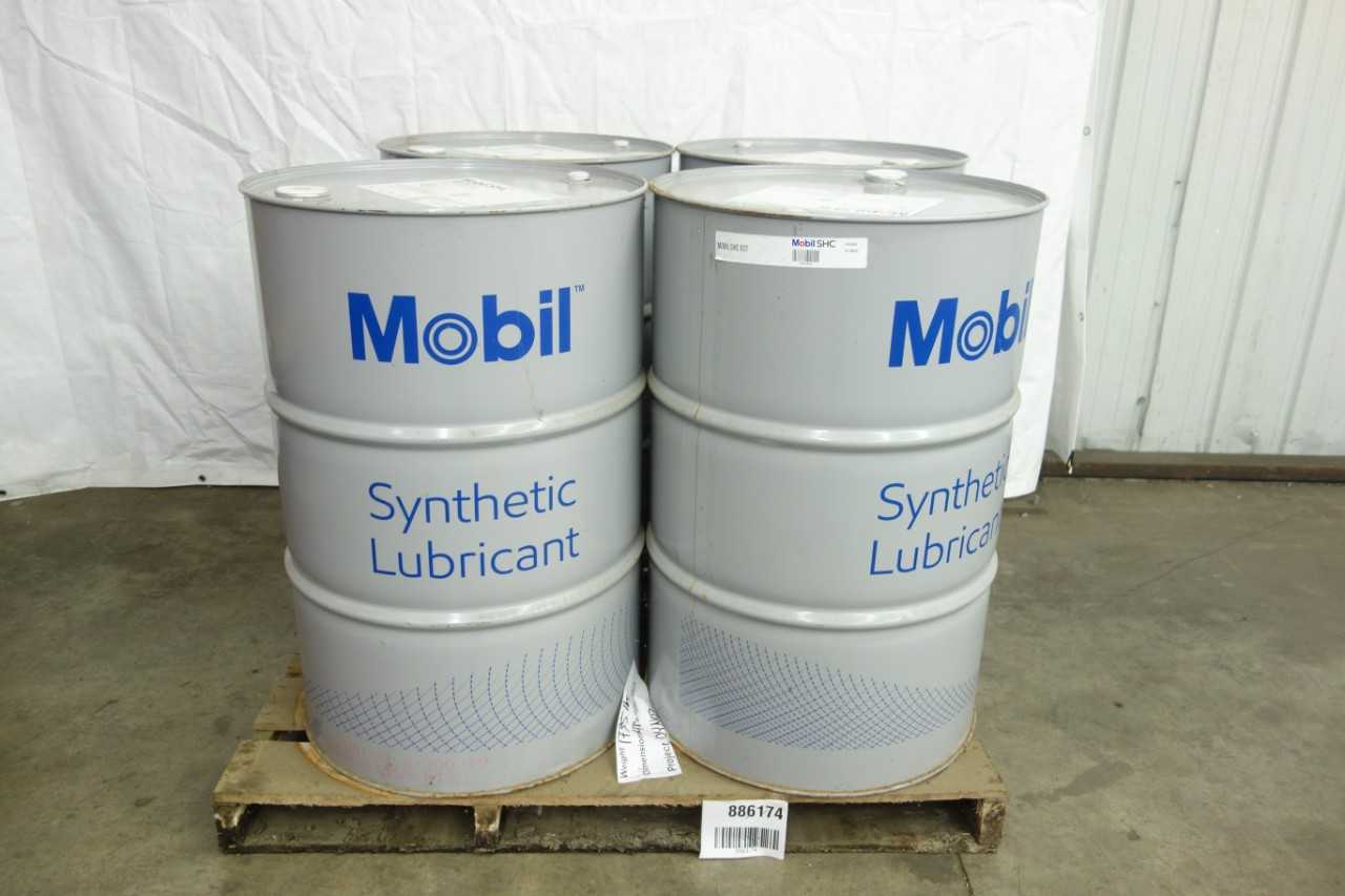 LOT OF 4 FULL 55 GALLON DRUMS OF MOBIL SHC 627 SYNTHETIC BEARING AND GEAR OIL - BEARINGS