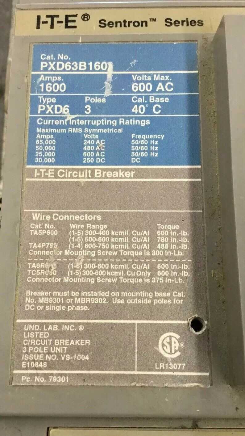 Siemens PXD63B160 + MB9301 Sentron Circuit Breaker + Adapter 1600A 600V - Used - Bench Tested - CIRCUIT BREAKERS