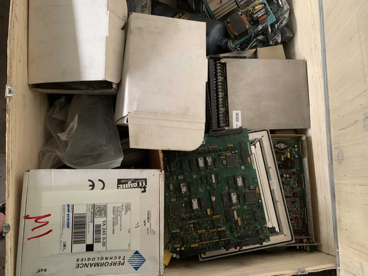 CRATE OF MISC. ELECTRICAL AUTOMATION EQUIPMENT CIRCUIT BOARDS ETC. - ELECTRICAL COMPONENTS