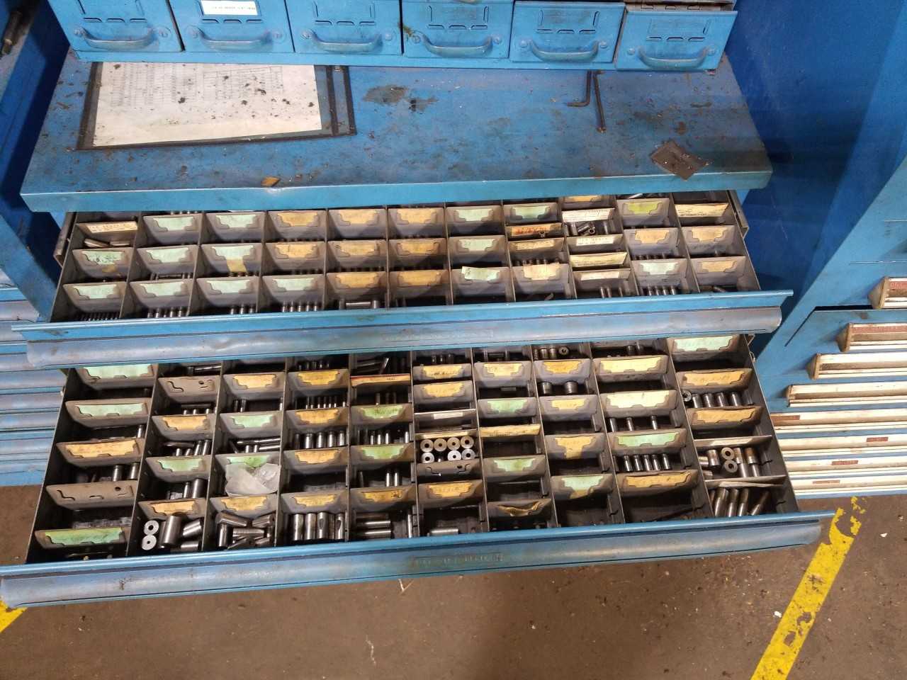 BLUE TOOL BOX AND PARTS STORAGE BIN WITH CONTENTS - MISCELLANEOUS
