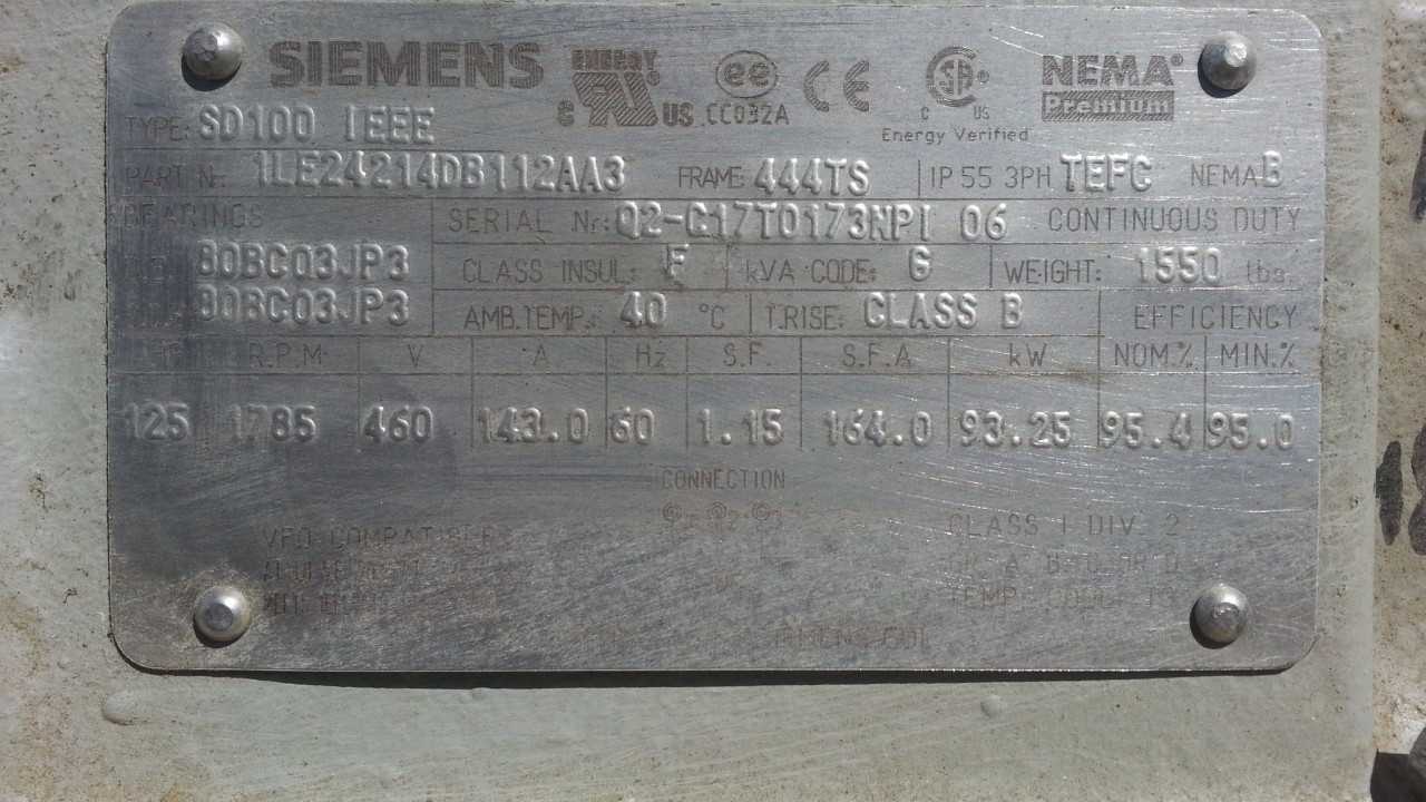 125 HP 1800 RPM 444TS Frame Siemens Motor - ELECTRIC MOTORS