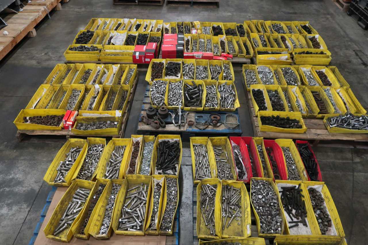 8 PALLETS OF ASSORTED HARDWARE NUTS BOLTS SCREWS WASHERS - ELECTRIC POWER TOOLS