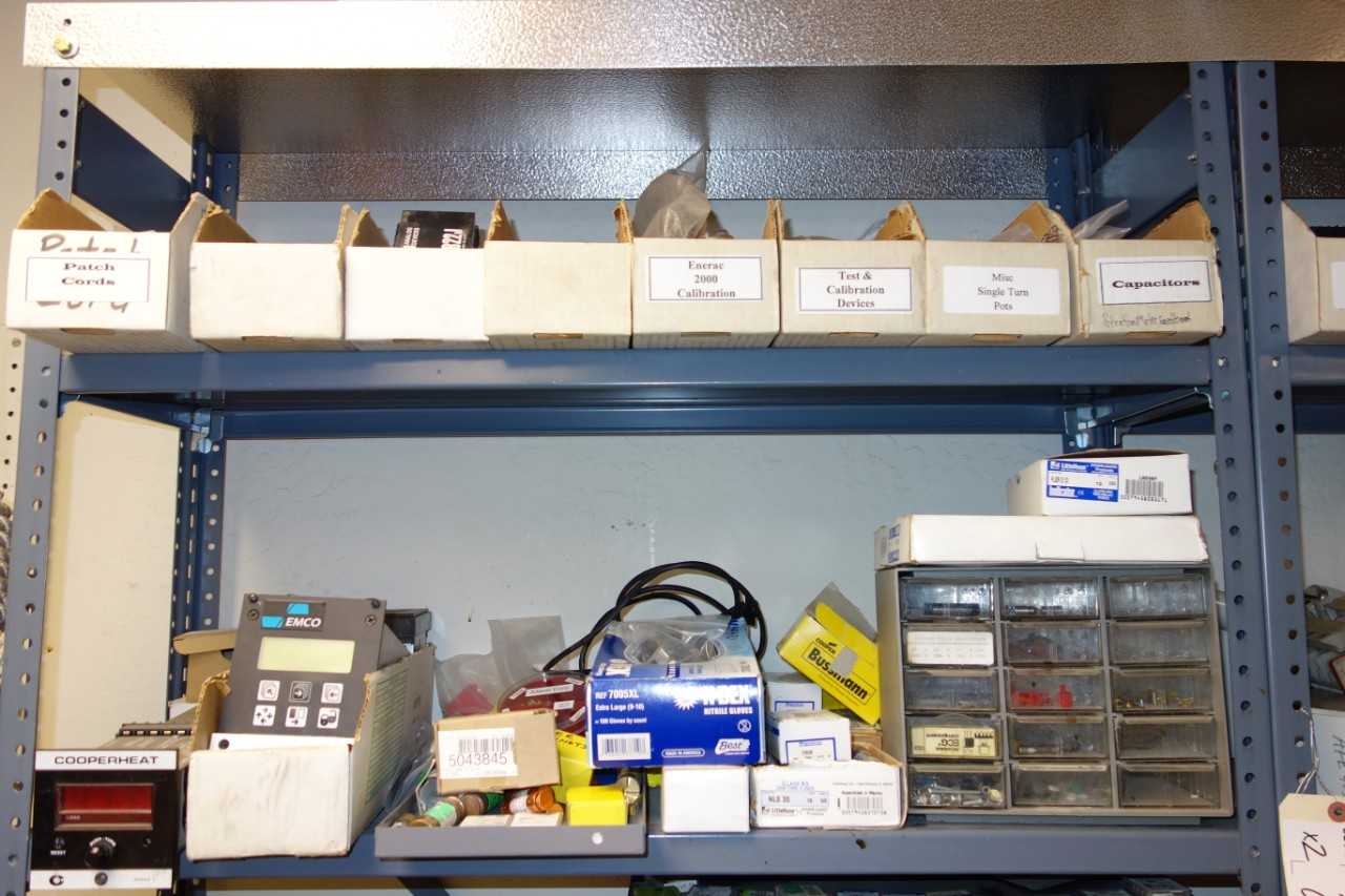 Lot of 2 shelving Sections, Contents Only - Assorted Capacitors, Fuses, Batteries, Terimanl Strips, Resistors - SHELVING