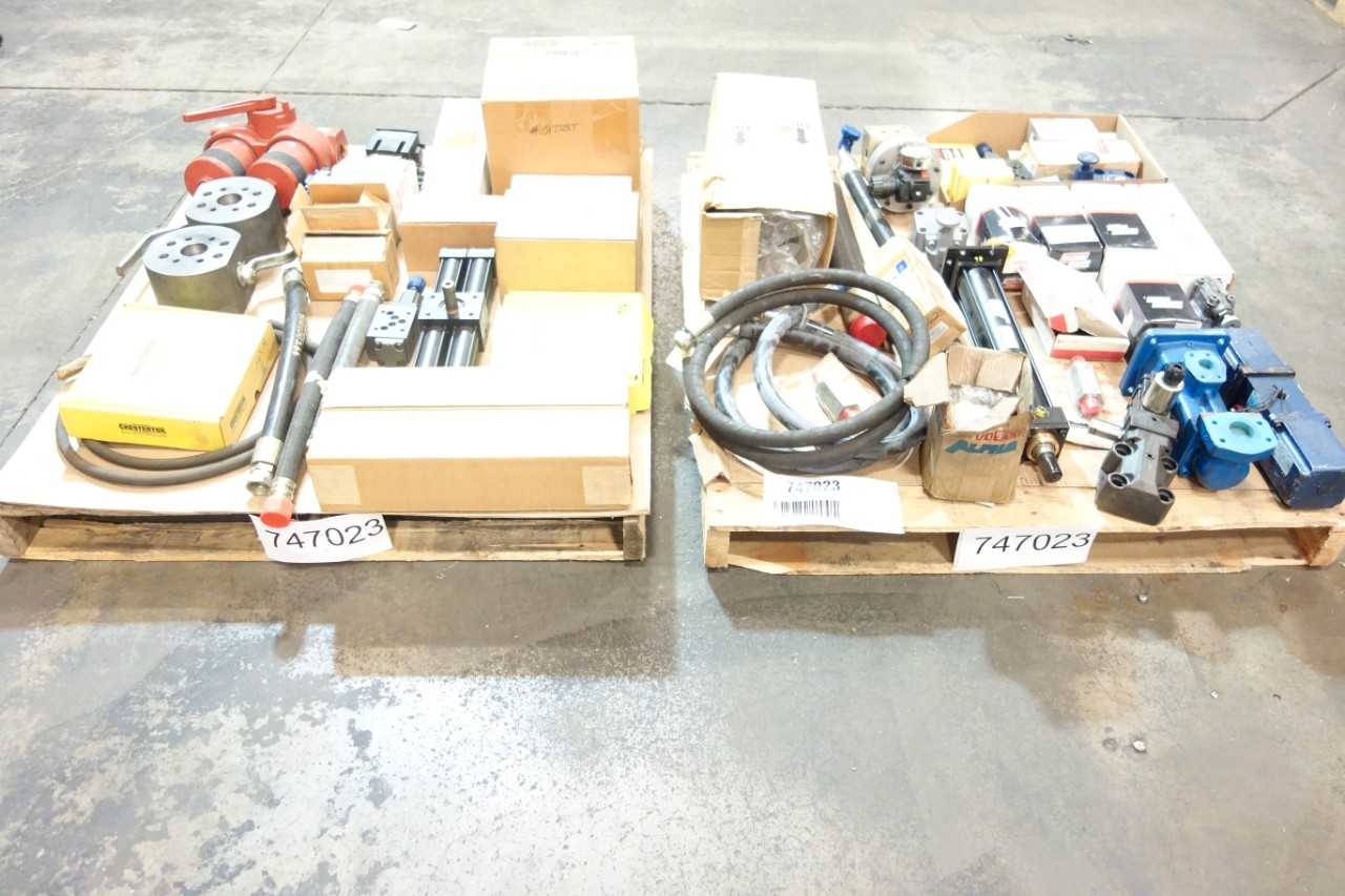 2 PALLETS OF ASSORTED FILTERS VALVES, HOSES, CYLINDERS, MOTOR, PUMP- PARKER, VICKERS, BALDWIN - VALVES